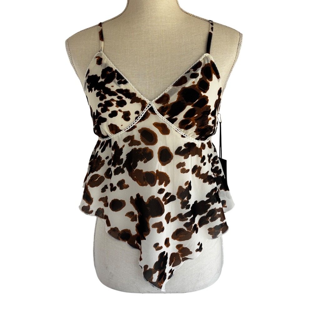 Japna Camisole Top Women Medium Brown Cow Print Handkerchief Hem Western Boho - Picture 2 of 10